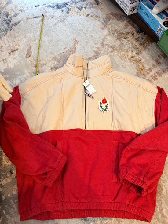 Pilcro Tops - Pilcro Two-Tone Red and Cream Half-Zip Pullover with Floral Patch